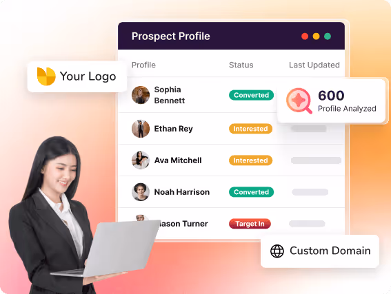 Woman with laptop viewing prospect profile dashboard showing conversion status for leads and 600 profiles analyzed metric.