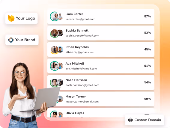 Woman with laptop viewing prospect list showing email, profile picture, and high lead scoring percentages.