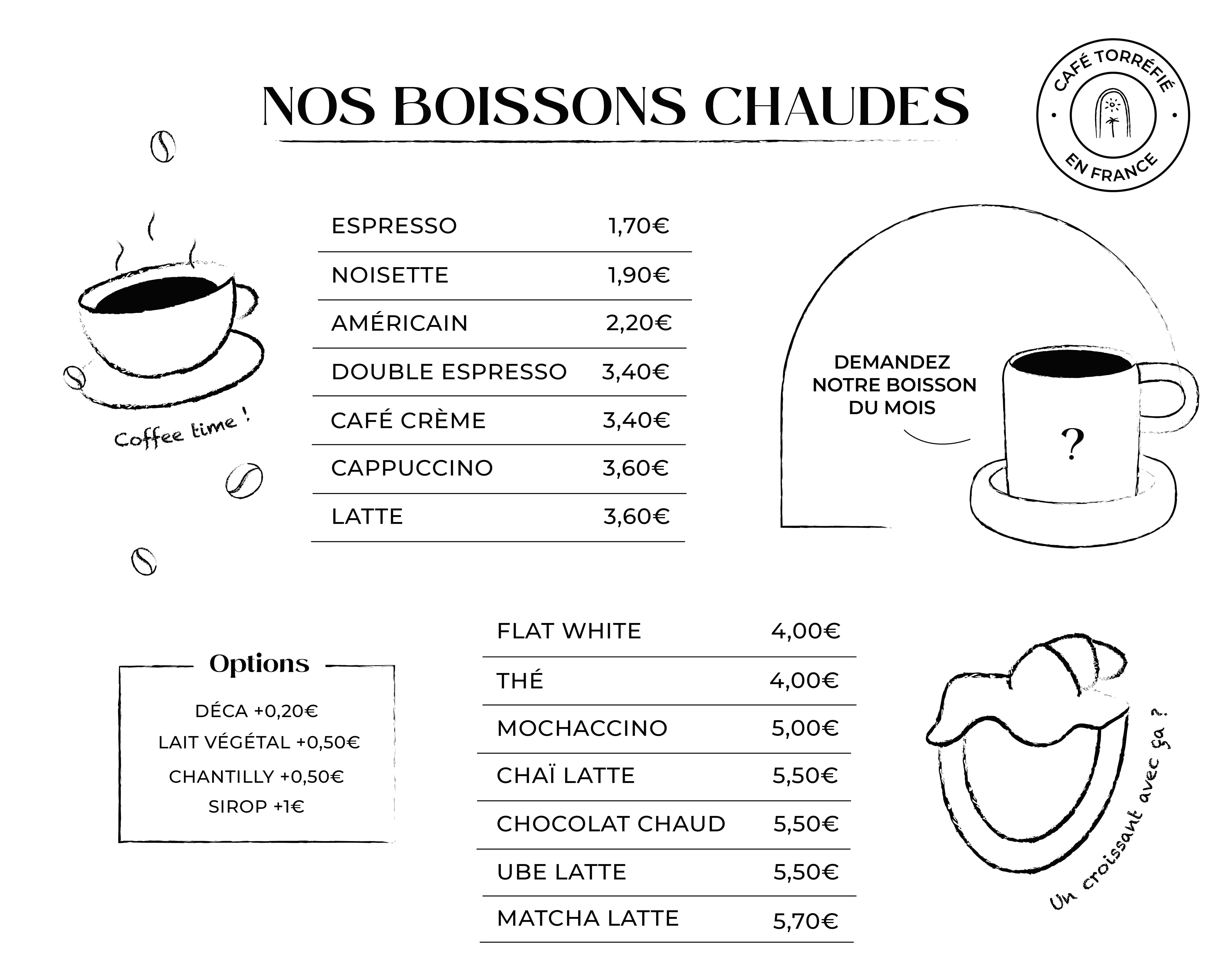 Carte boissons des petits marchands rassemblant toutes les boissons chaudes de la boutique, de l’espresso au matcha latte.