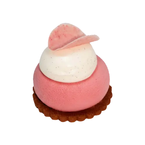 Entremet pistache groseille recouvert d'un nappage rose