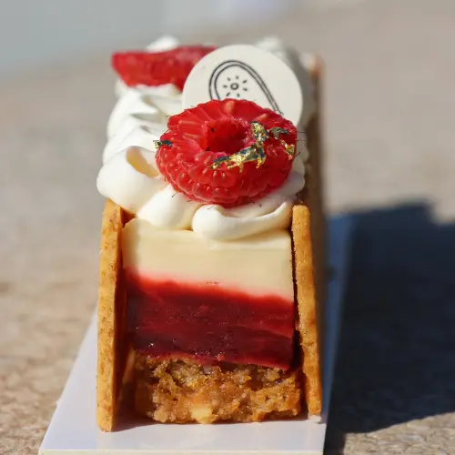 Patisserie végétale prise en photo de côté avec les différentes textures et des morceaux de framboises sur le dessus