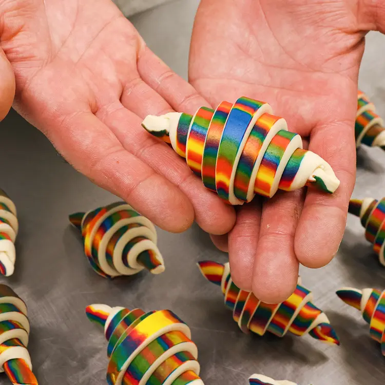 Un boulanger qui tient un croissant multicolore de carnaval dans son laboratoire boulangerie, juste avant qu'il soit cuit