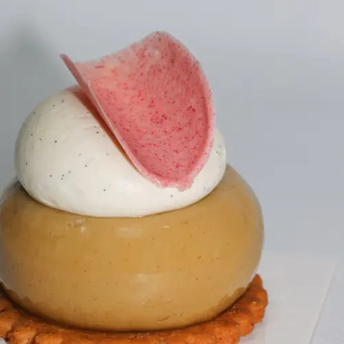 Zoom sur l'entremet pistache groseille