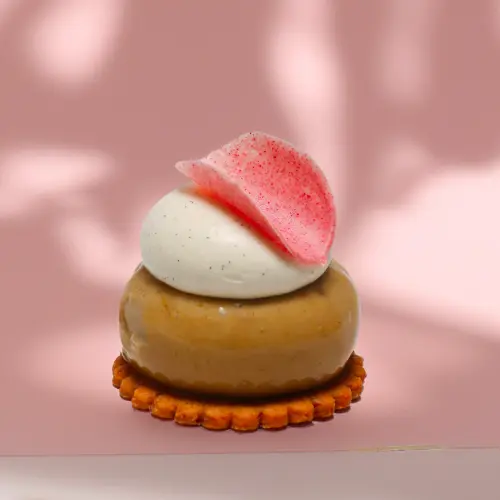 Entremet pistache groseille sur fond rose clair