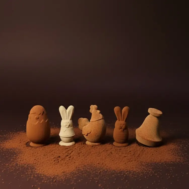 L'entière collection de sujets de Pâques sur fond marron avec du cacao en dessous