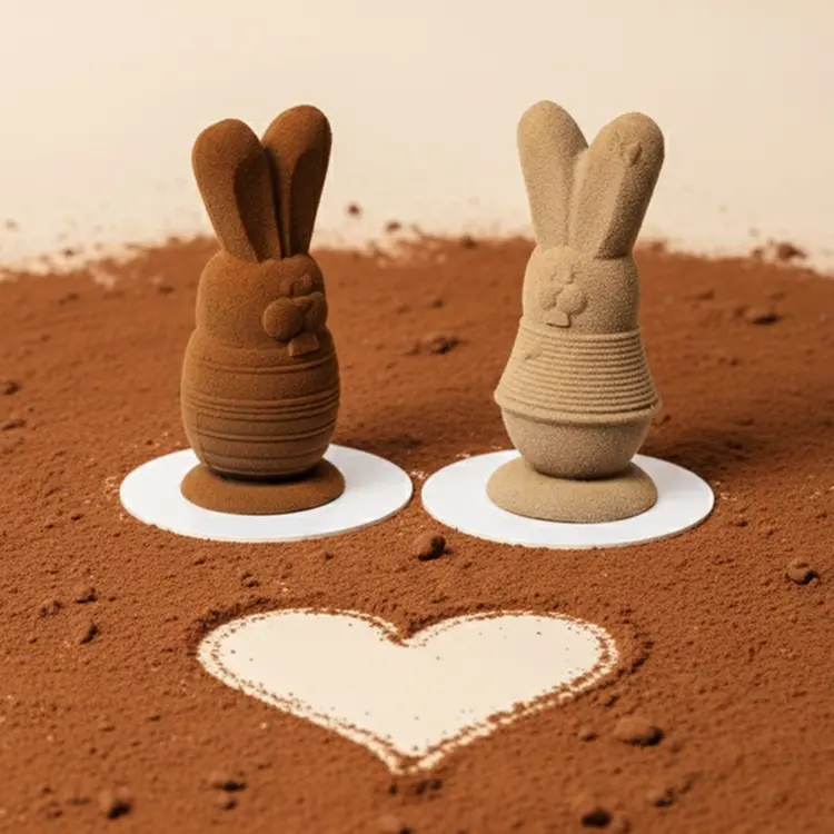 Le duo lapinou et lapinette sur un sol cacao, et un coeur dessiné dessus