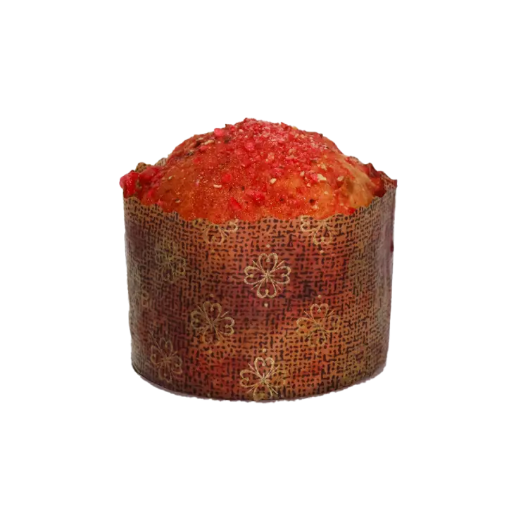 Notre brioche pralines roses dans son étui sur fond blanc