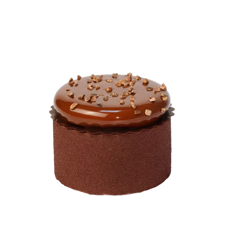 L'entremet chocolat gianduja sur fond blanc