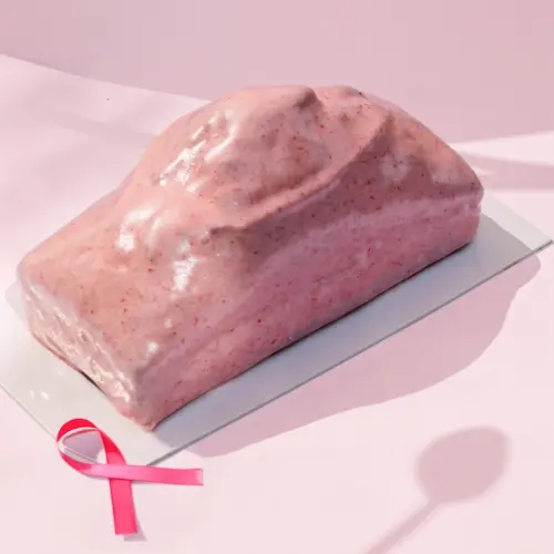 Cake au citron recouvert d'un glaçage au chocolat blanc et à la framboise sur fond rose avec un ruban rose posé à côté