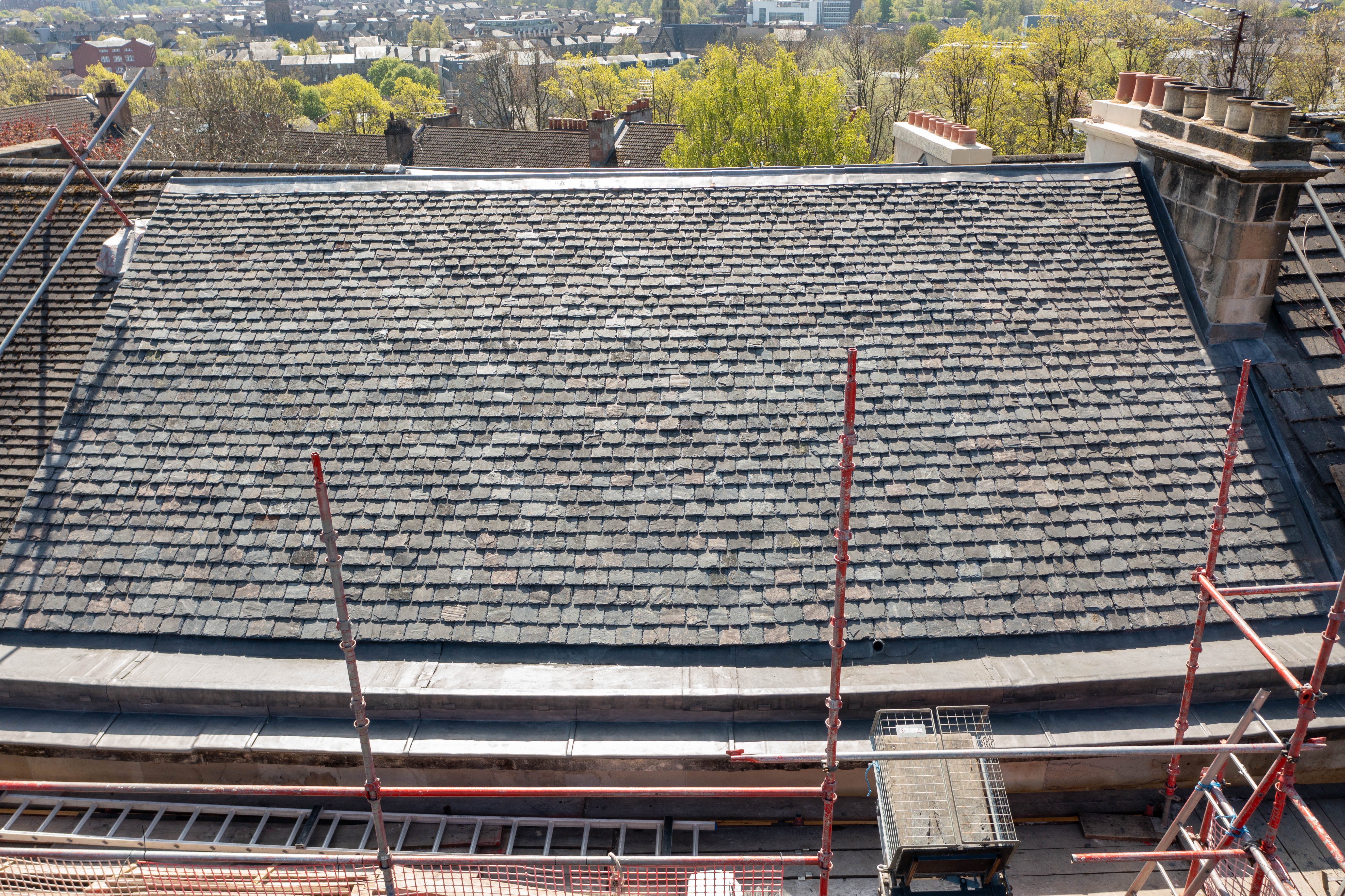 Traditional Scotch slate roof elevation at Wilton Street, Glasgow, prior to re-roofing works by Roofing Advisors