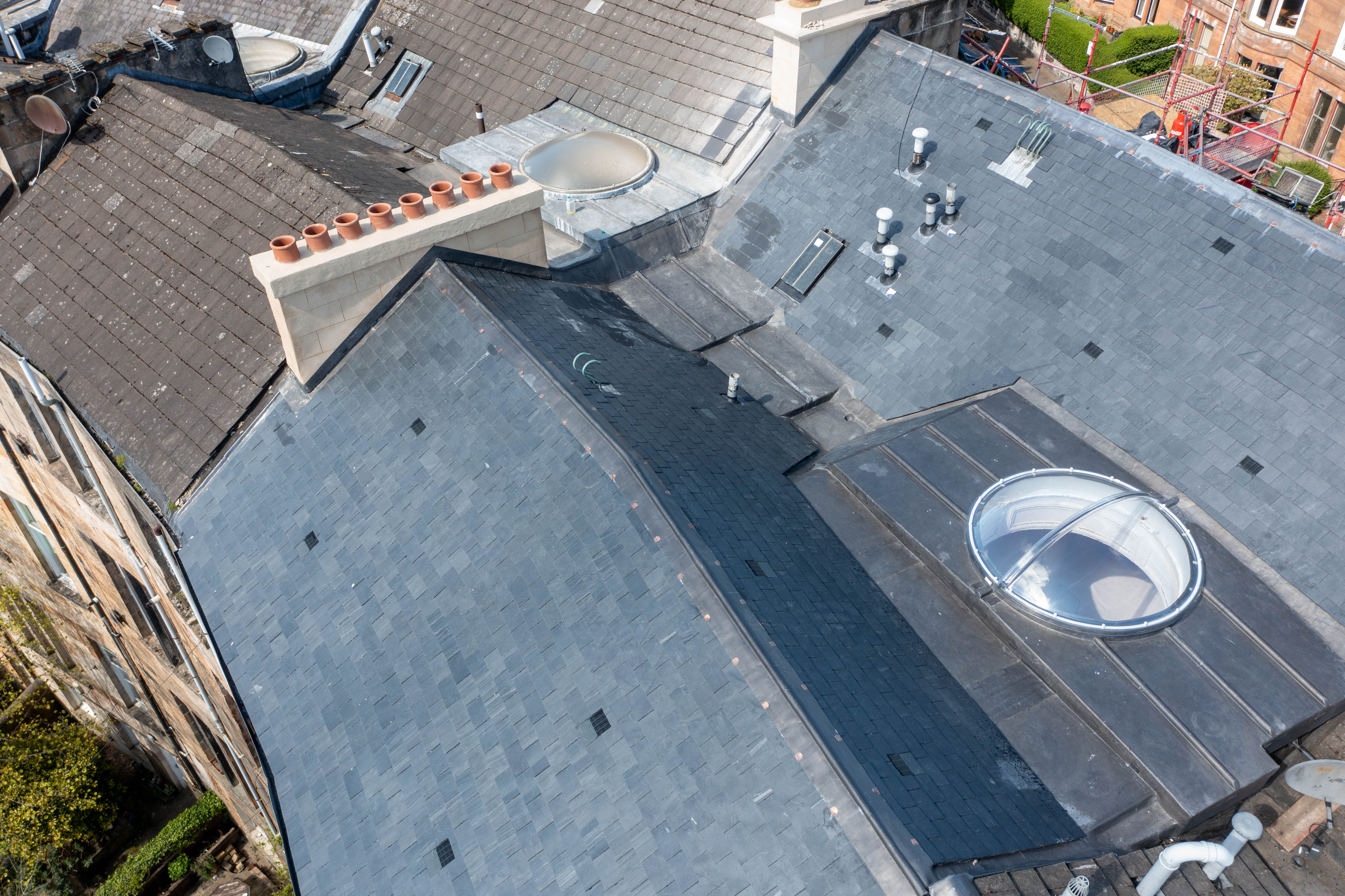 Bespoke cupola rooflight with lead flashings and skews installed during heritage re-roofing works at Wilton Street, Glasgow