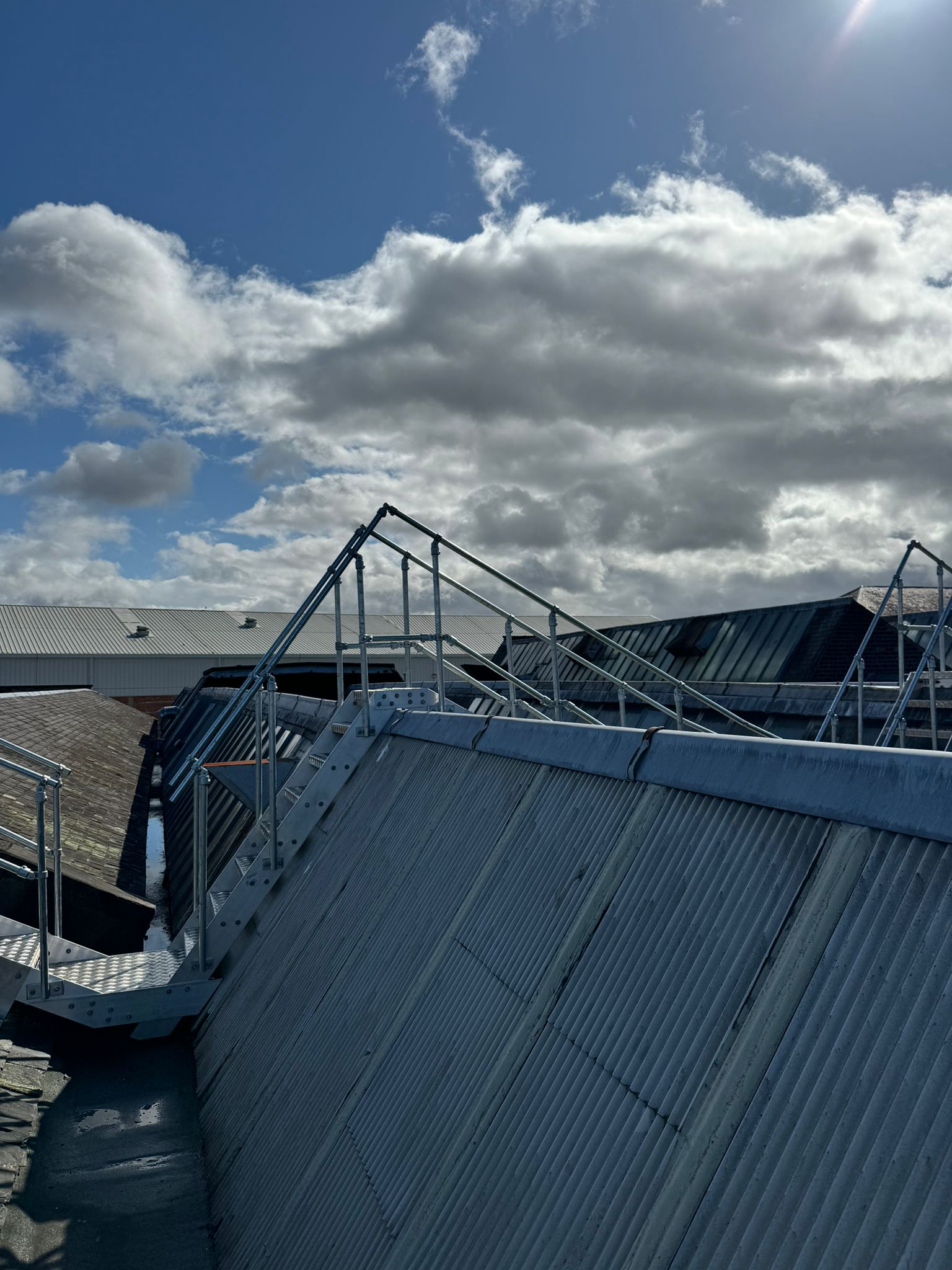 Step unit and guardrails bridging a sawtooth roof ridge at Stirling Enterprise Park, providing safe access across the northlight roof profile