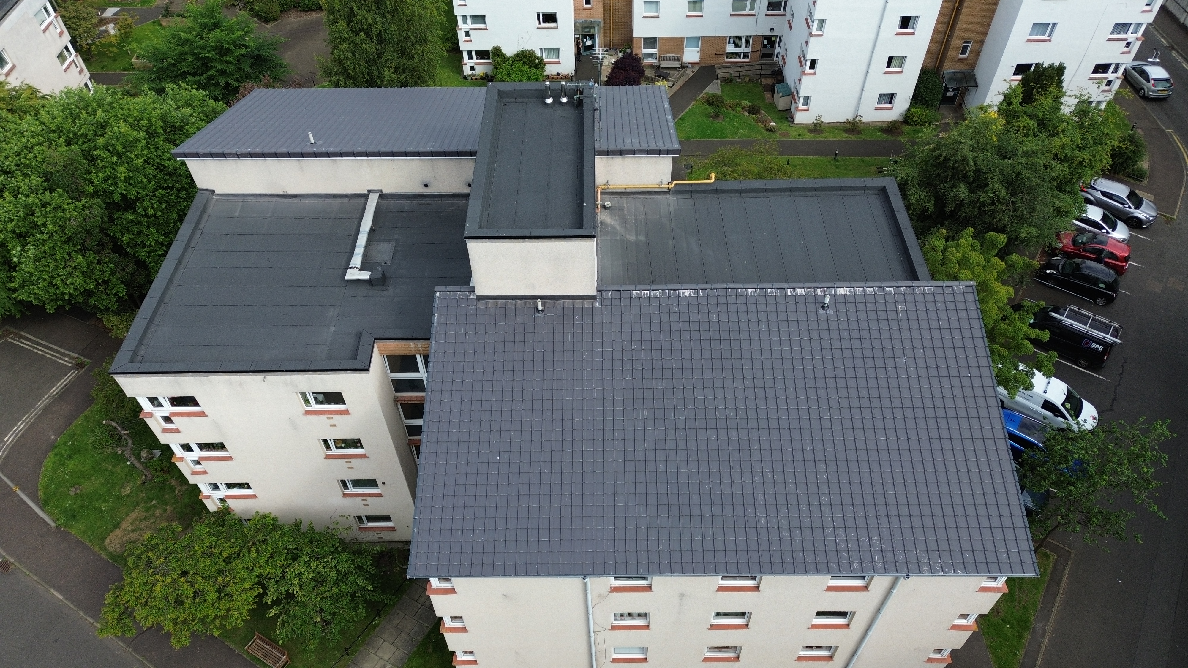 Aerial view of completed roof renewal works at a supported housing scheme in Edinburgh