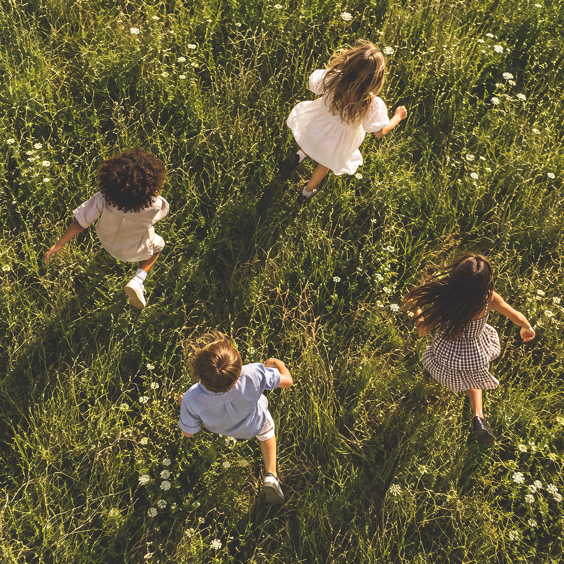 Children running through a sunlit field
