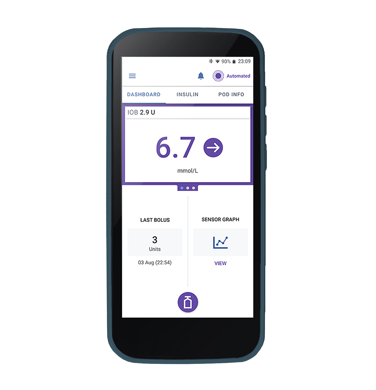 Omnipod 5 controller screen in a Baltic PODERN case