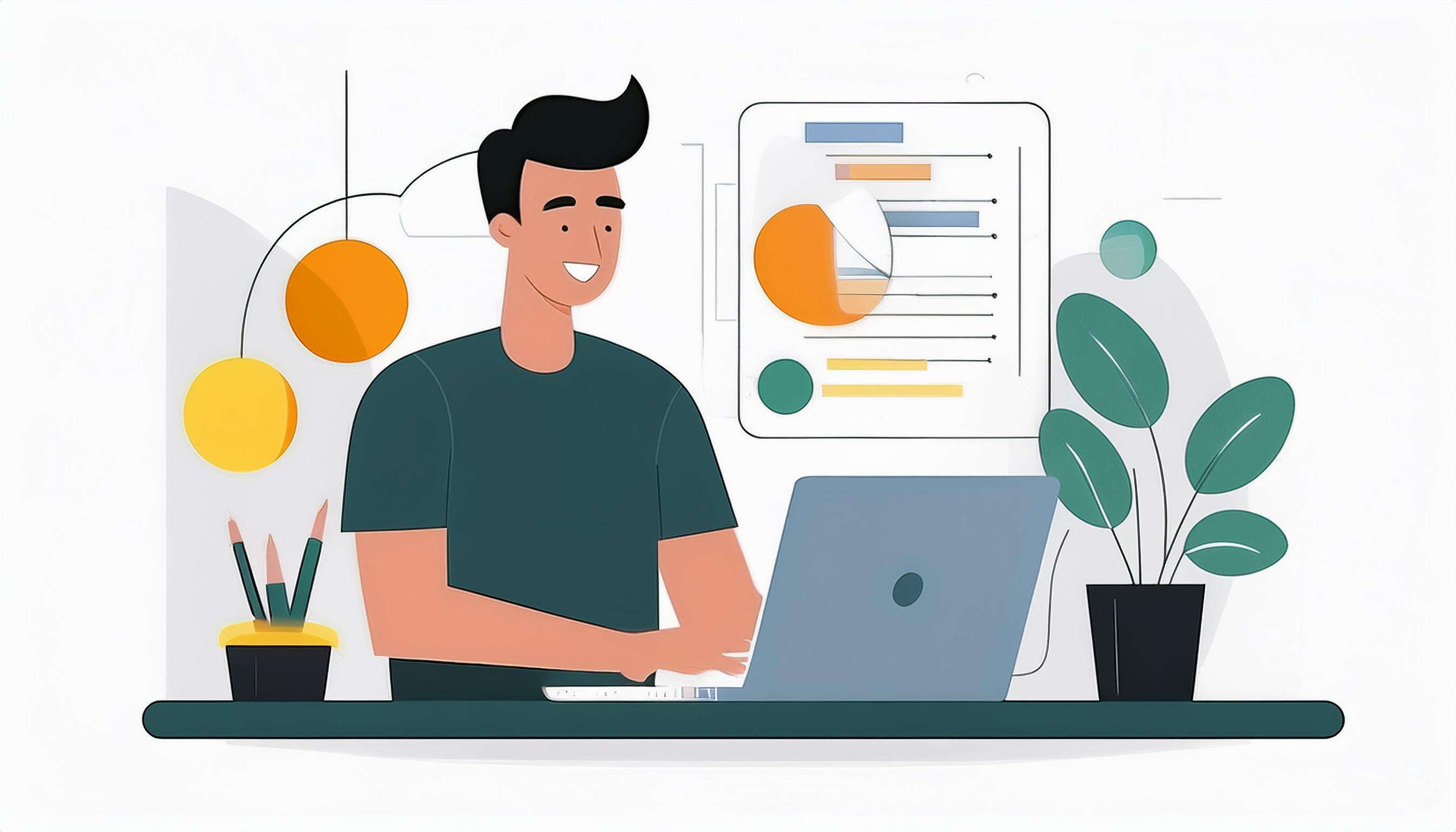 Illustration of a man happily working on a laptop, symbolizing digital service accessibility and e-commerce