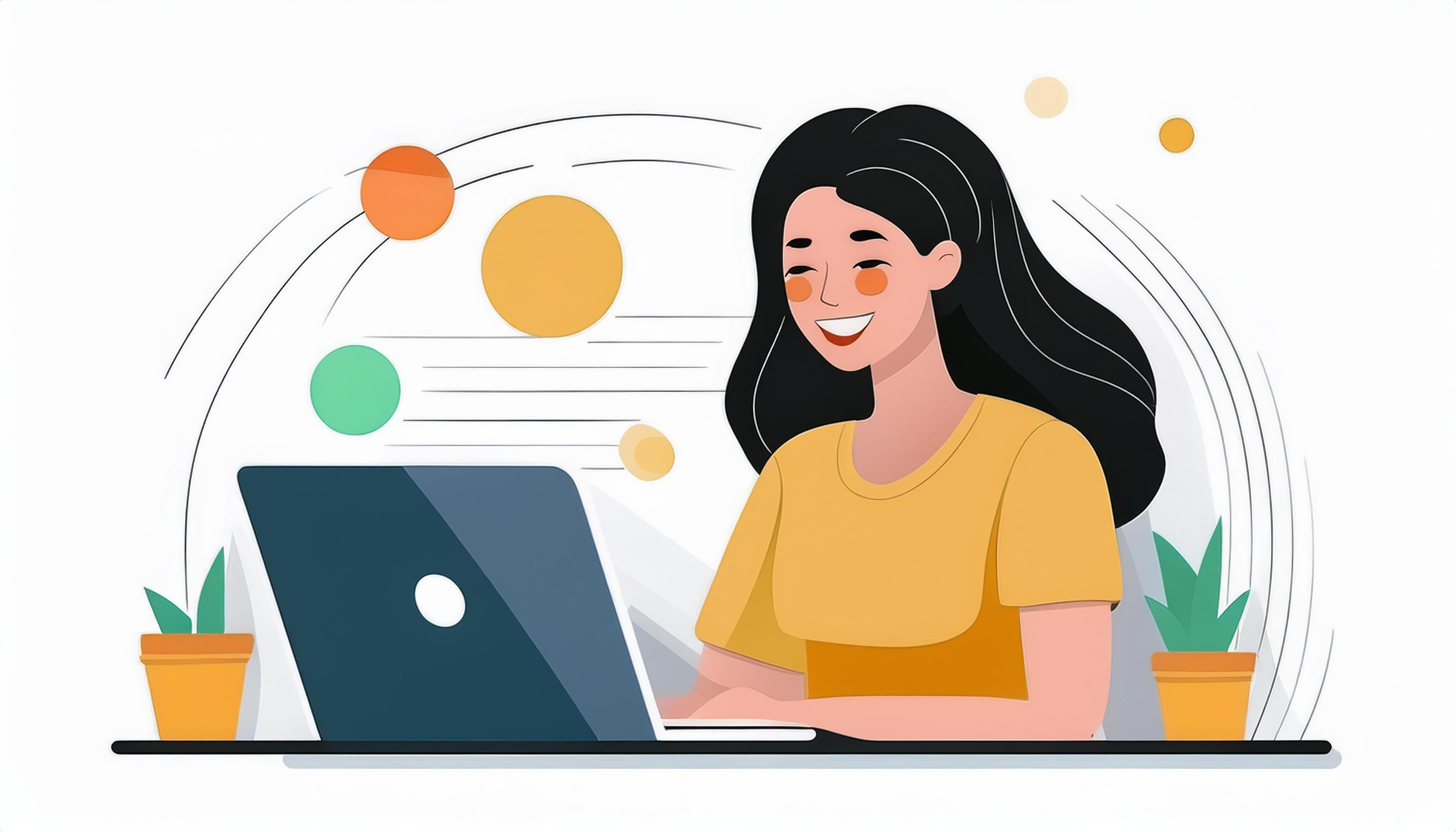 Illustration of a happy woman using a laptop, representing the positive impact of accessible digital