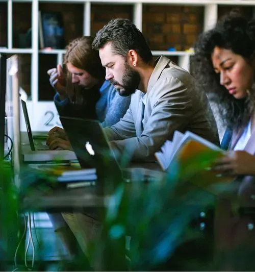 Man and two women working on laptops