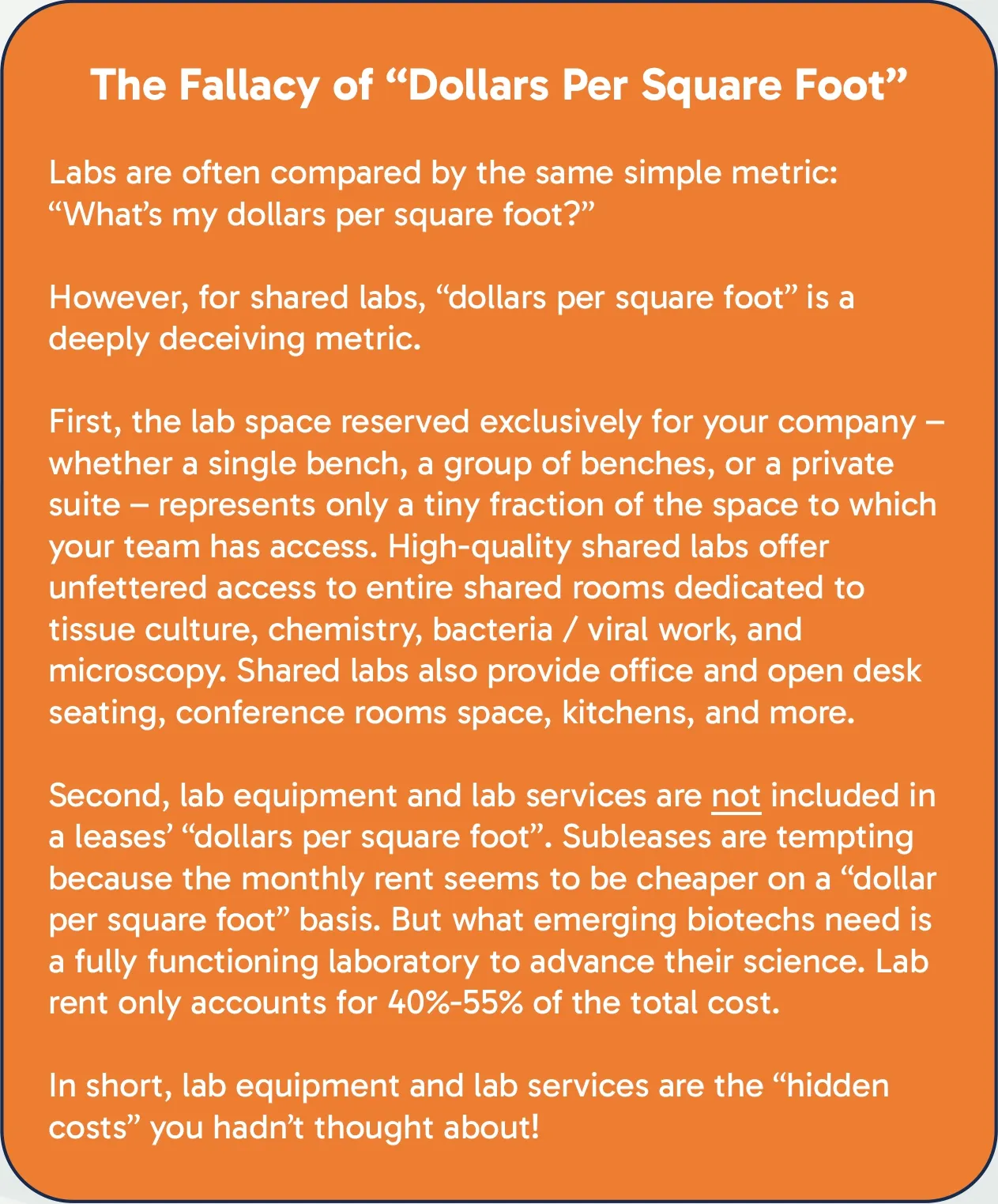 An orange background with the words the fallacy dollars per square foot.