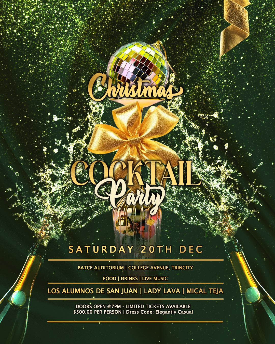 Christmas Cocktail Party event flyer with champagne bottles spraying golden liquid, gold bow, and disco ball decorations on a green glittery background.