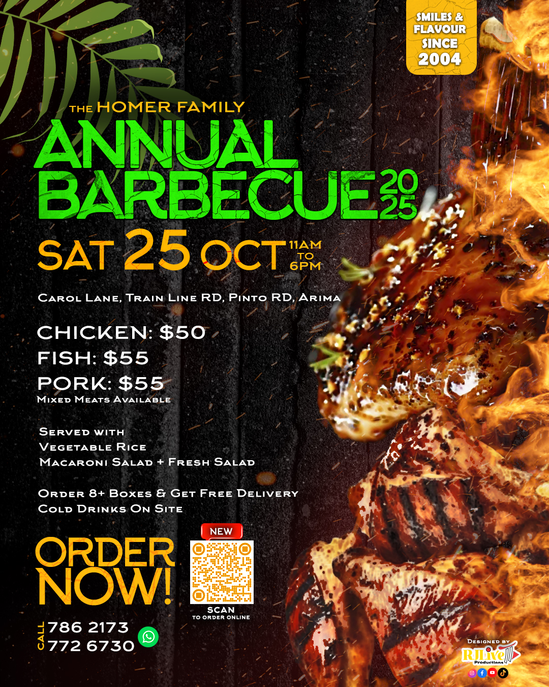Flyer for The Homer Family Annual Barbecue on Saturday, October 25, 2025, from 11 AM to 6 PM at Carol Lane, Train Line RD, Pinto RD, Arima, featuring grilled meats with prices and ordering details including a QR code and phone numbers.