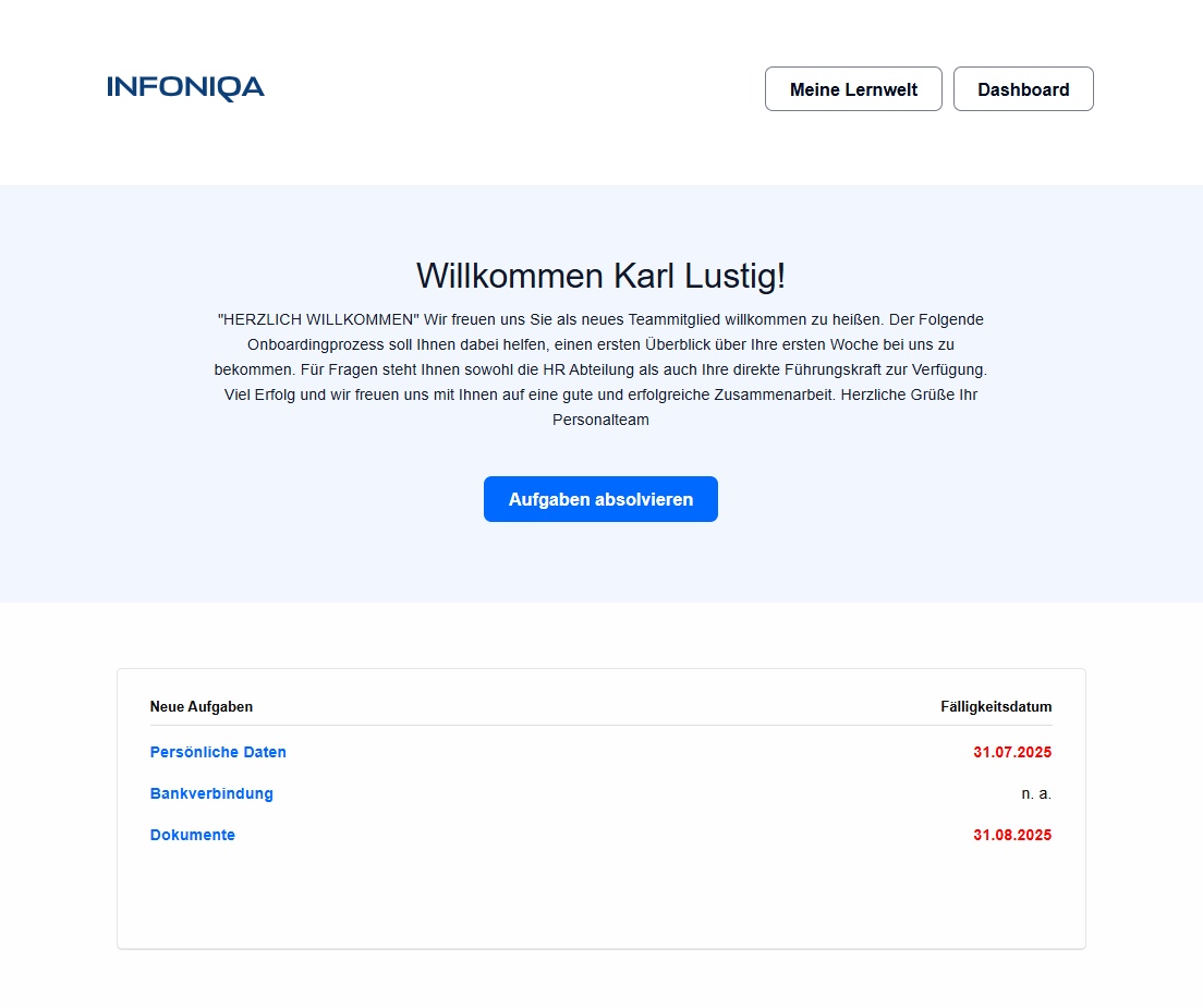 Infoniqa Software Onboarding Screenshot Willkommensseite