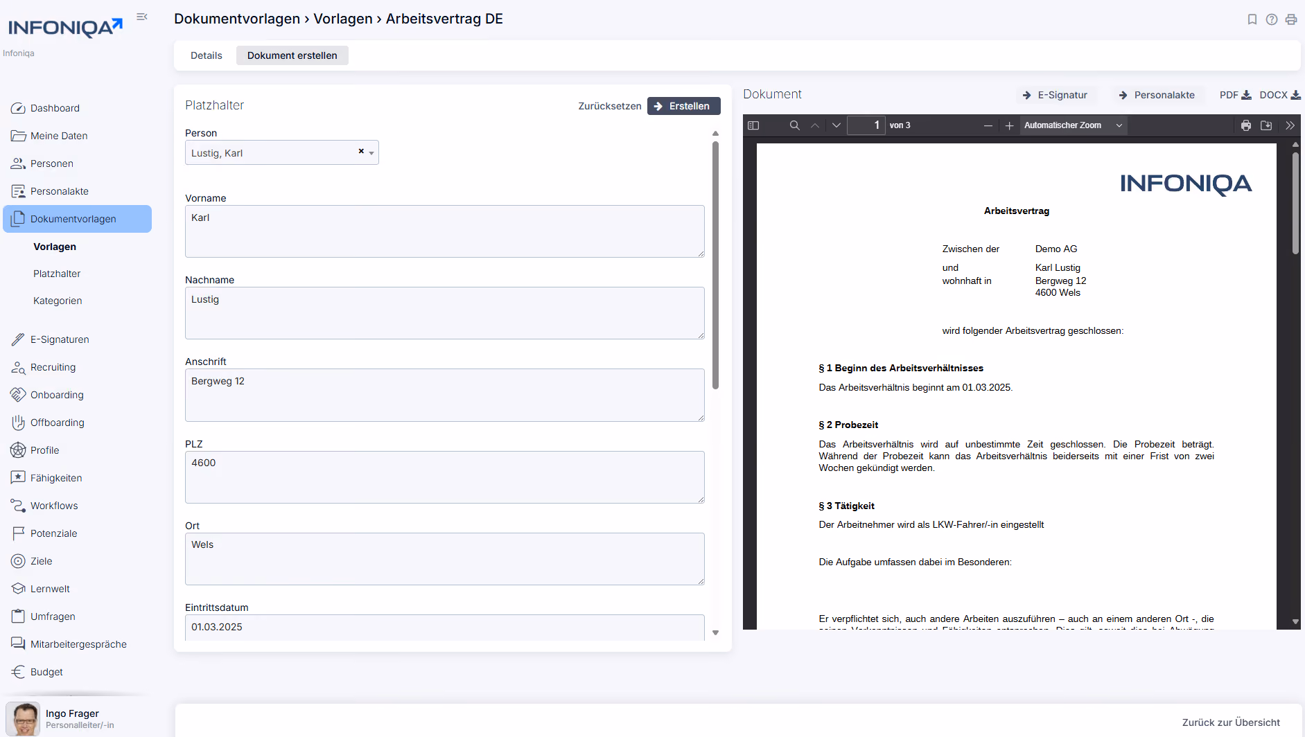 Infoniqa Software Vertragsvorlage Screenshot