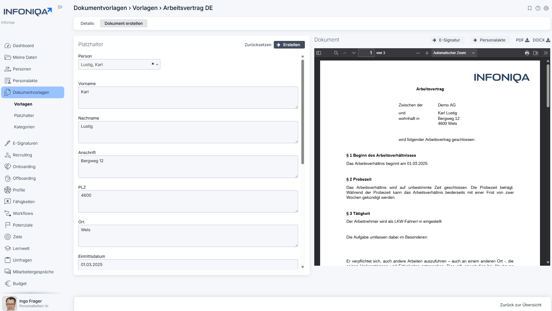 Infoniqa Software Vertragsvorlage Screenshot