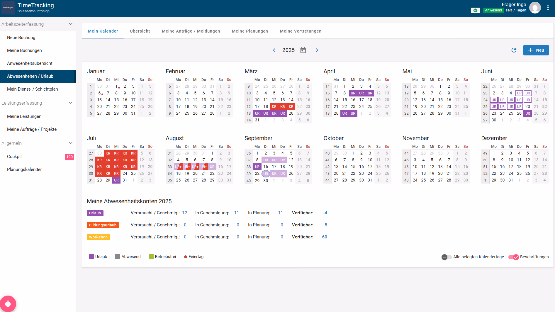 Screenshot Infoniqa Software Zeiterfassung
