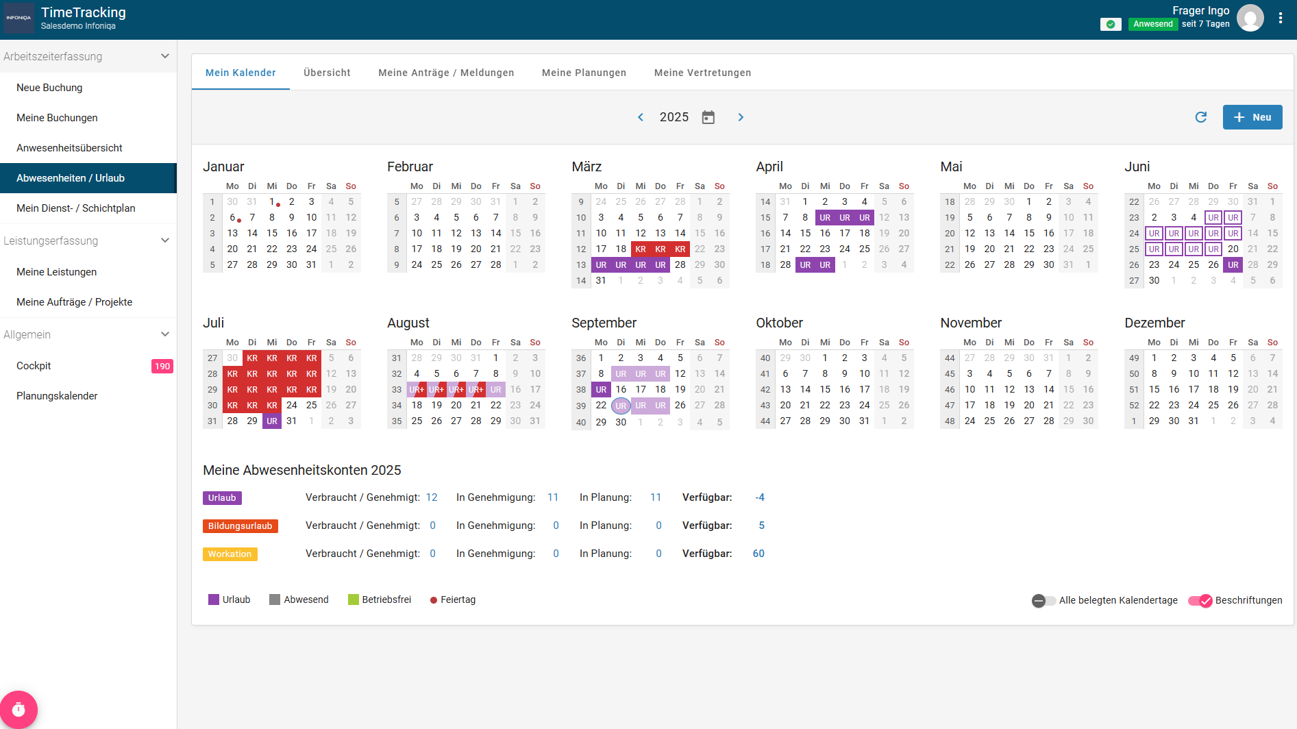 Screenshot Infoniqa Software Zeiterfassung
