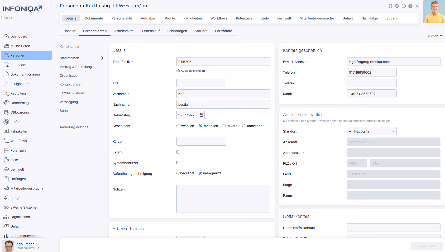 Infoniqa Software Screenshot Stammdaten