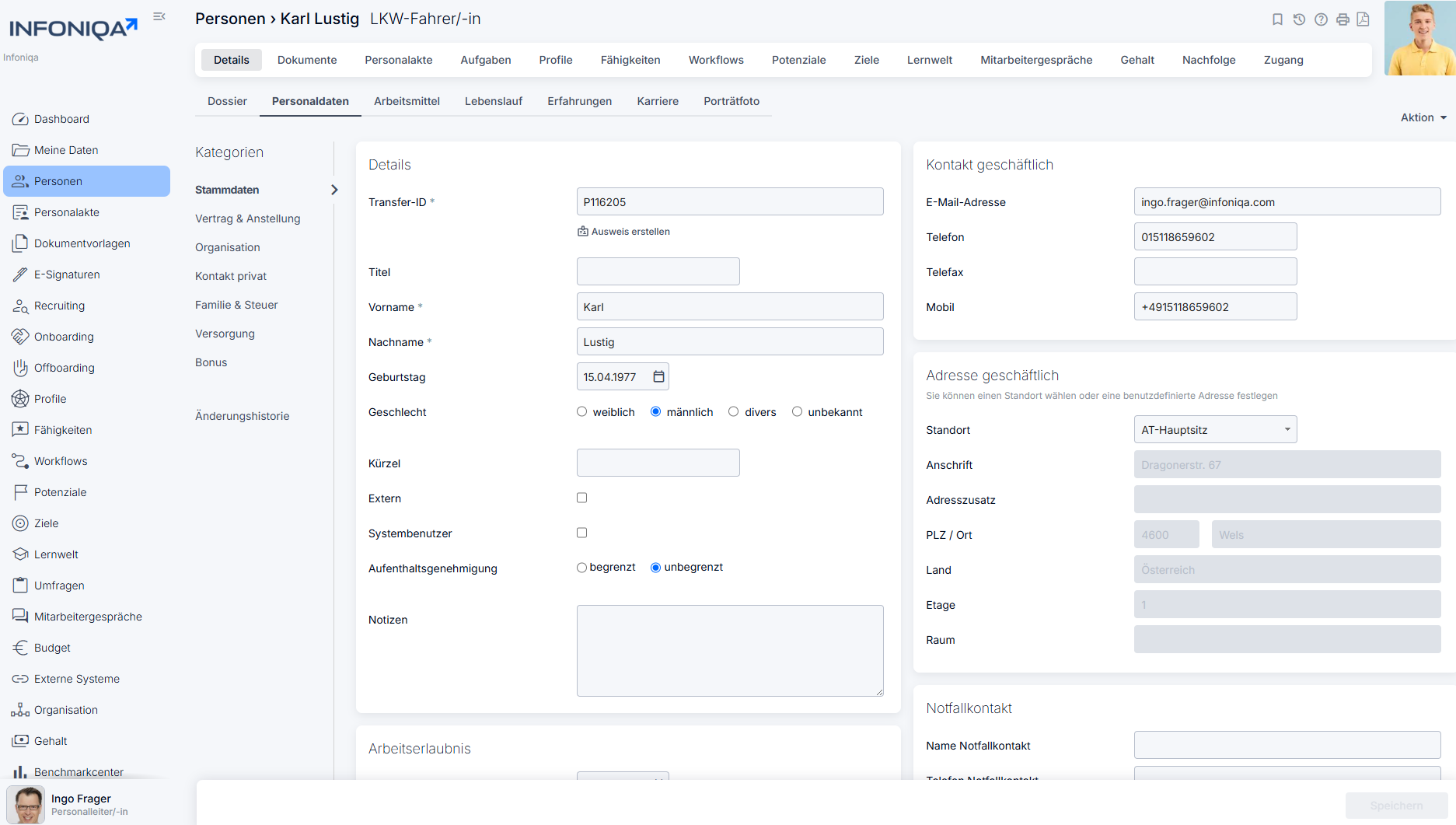 Infoniqa Software Screenshot Stammdaten