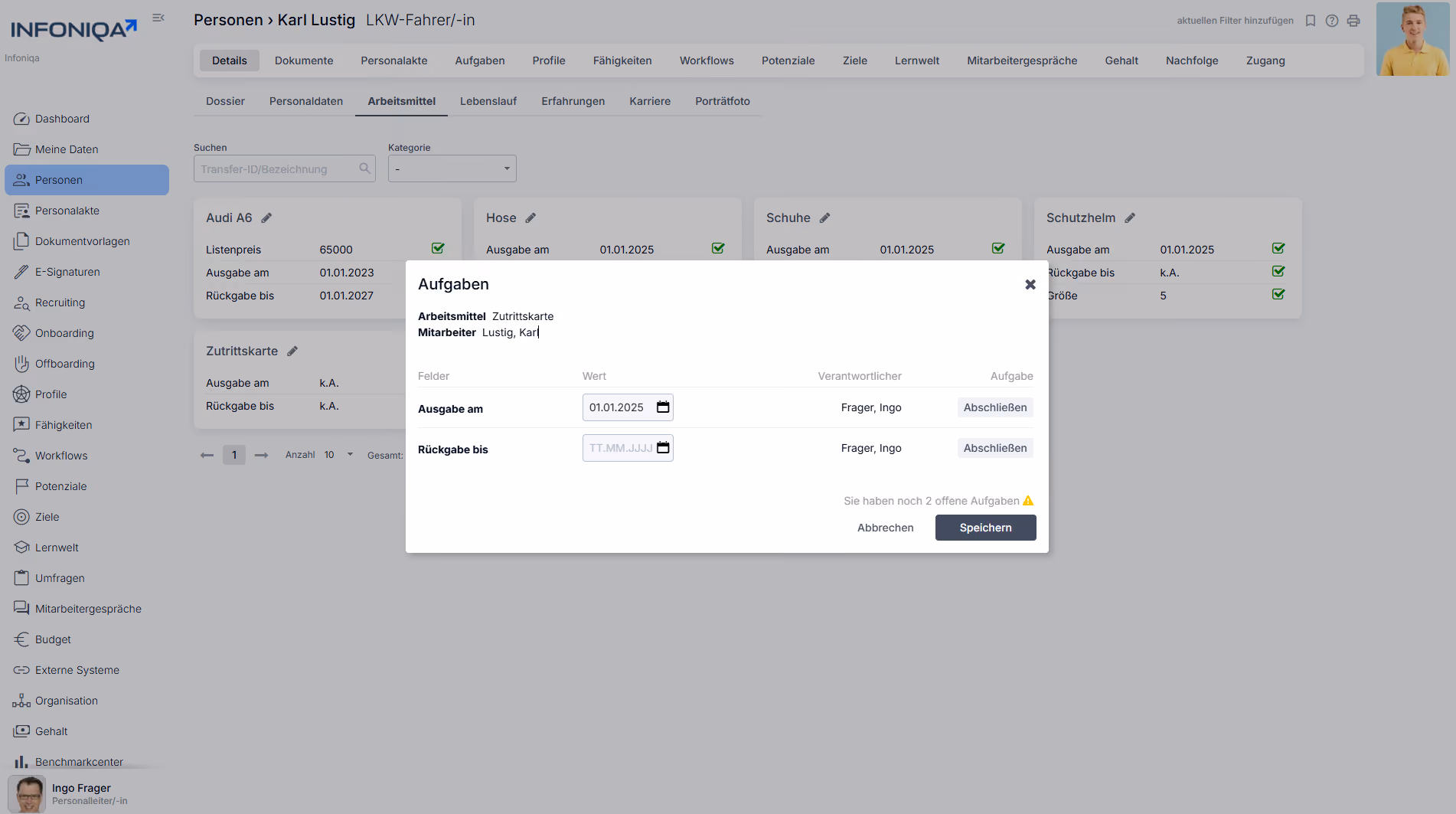 Infoniqa Software Arbeitsmitelverwaltung Screenshot