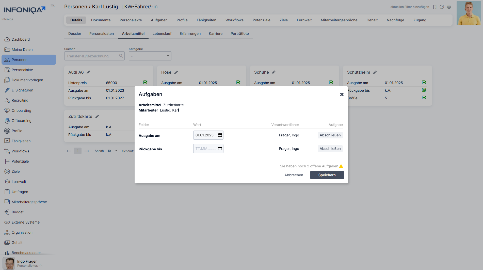 Infoniqa Software Arbeitsmitelverwaltung Screenshot