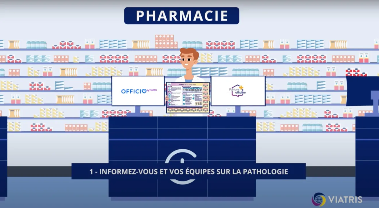 Illustration en motion design d’un pharmacien dans une officine, issue d’un contenu Viatris réalisé par JumpStart Studio