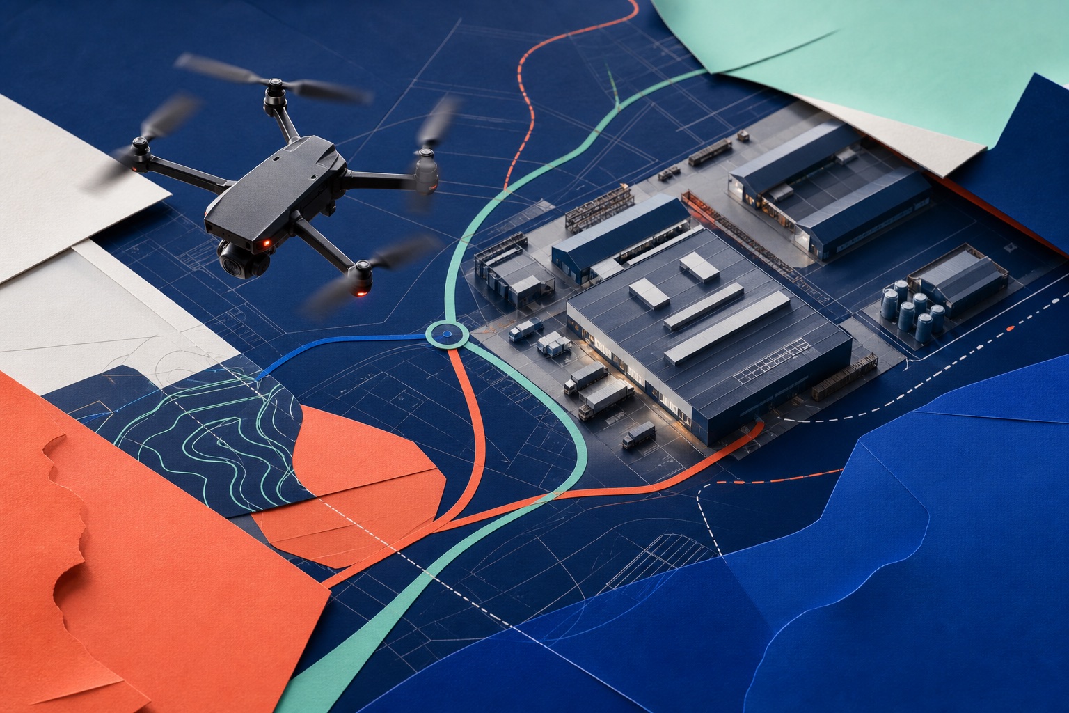 Illustration d’une prestation vidéo par drone au-dessus d’un site industriel