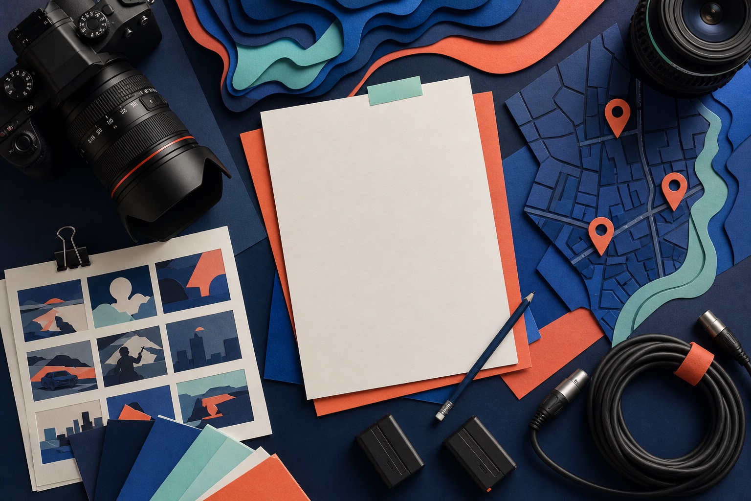 Illustration du matériel et des documents pour préparer un tournage vidéo