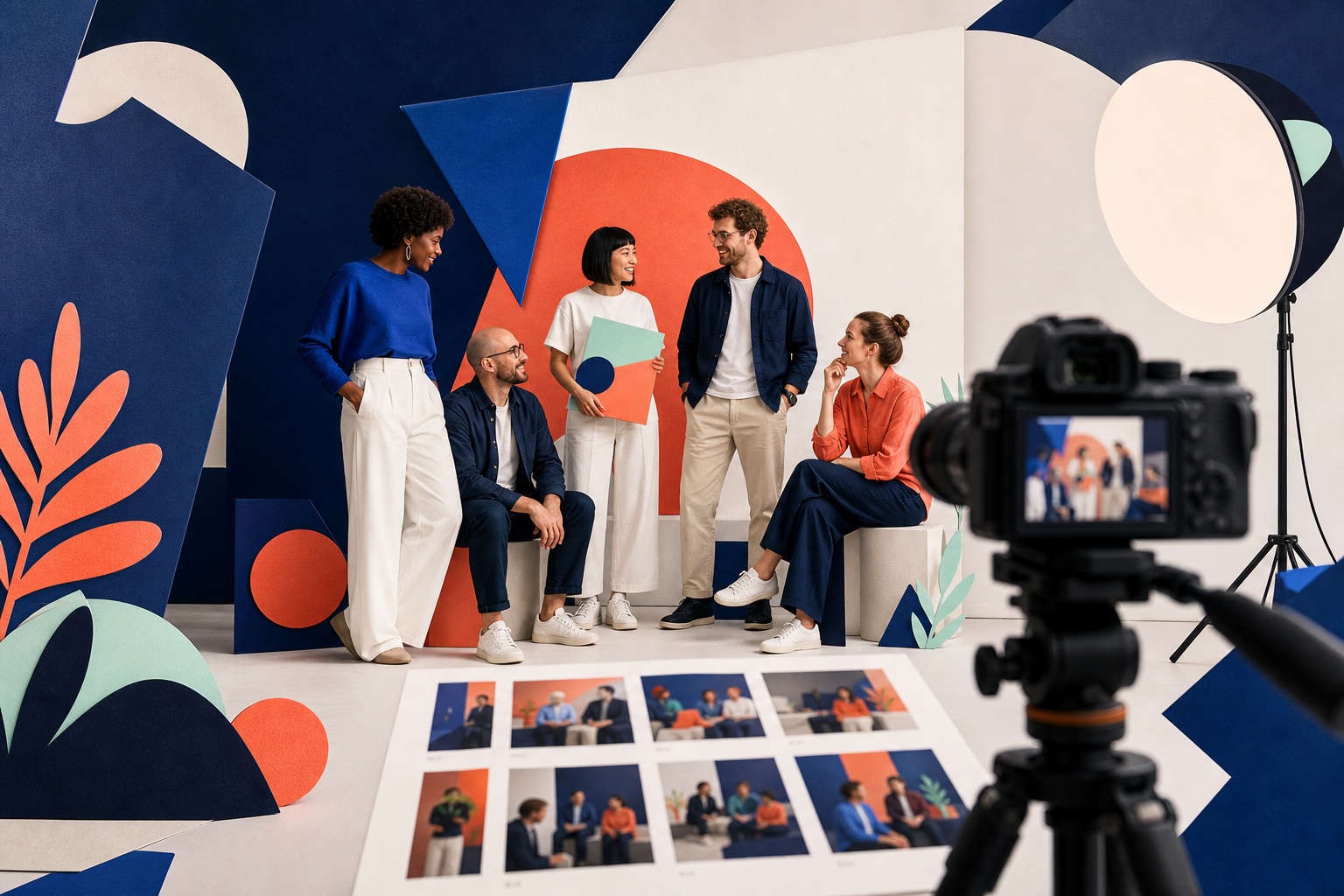 Illustration d’un shooting photo d’entreprise avec équipe, appareil et éclairage