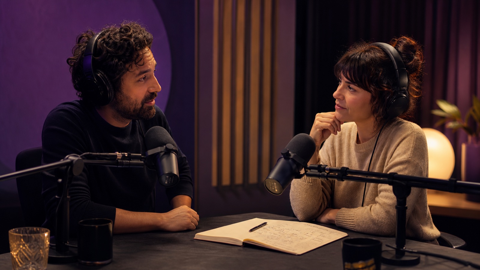 Conversation en studio et préparation des questions d’une interview podcast