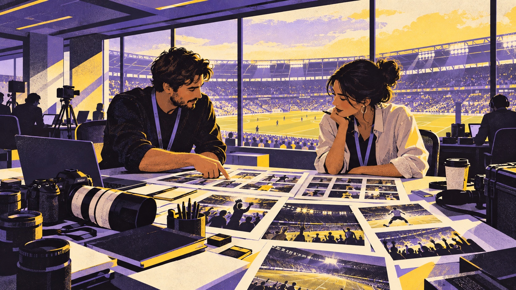 Illustration éditoriale de professionnels préparant un bilan de contenus dans un stade