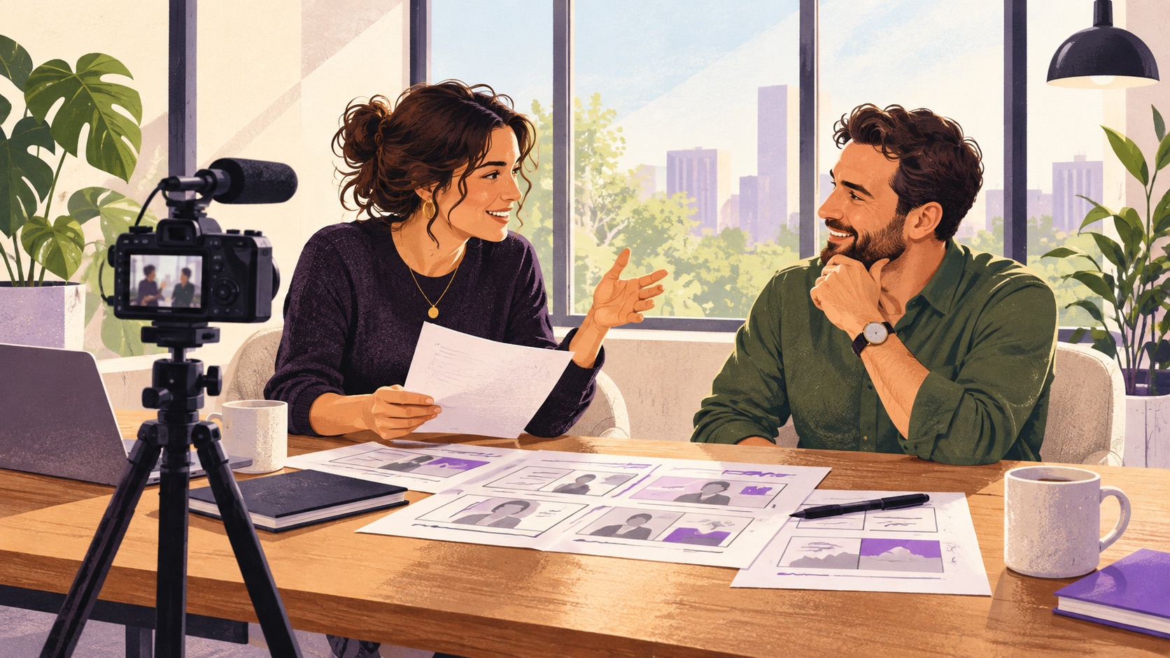 Illustration éditoriale de deux professionnels préparant une interview vidéo dans un bureau