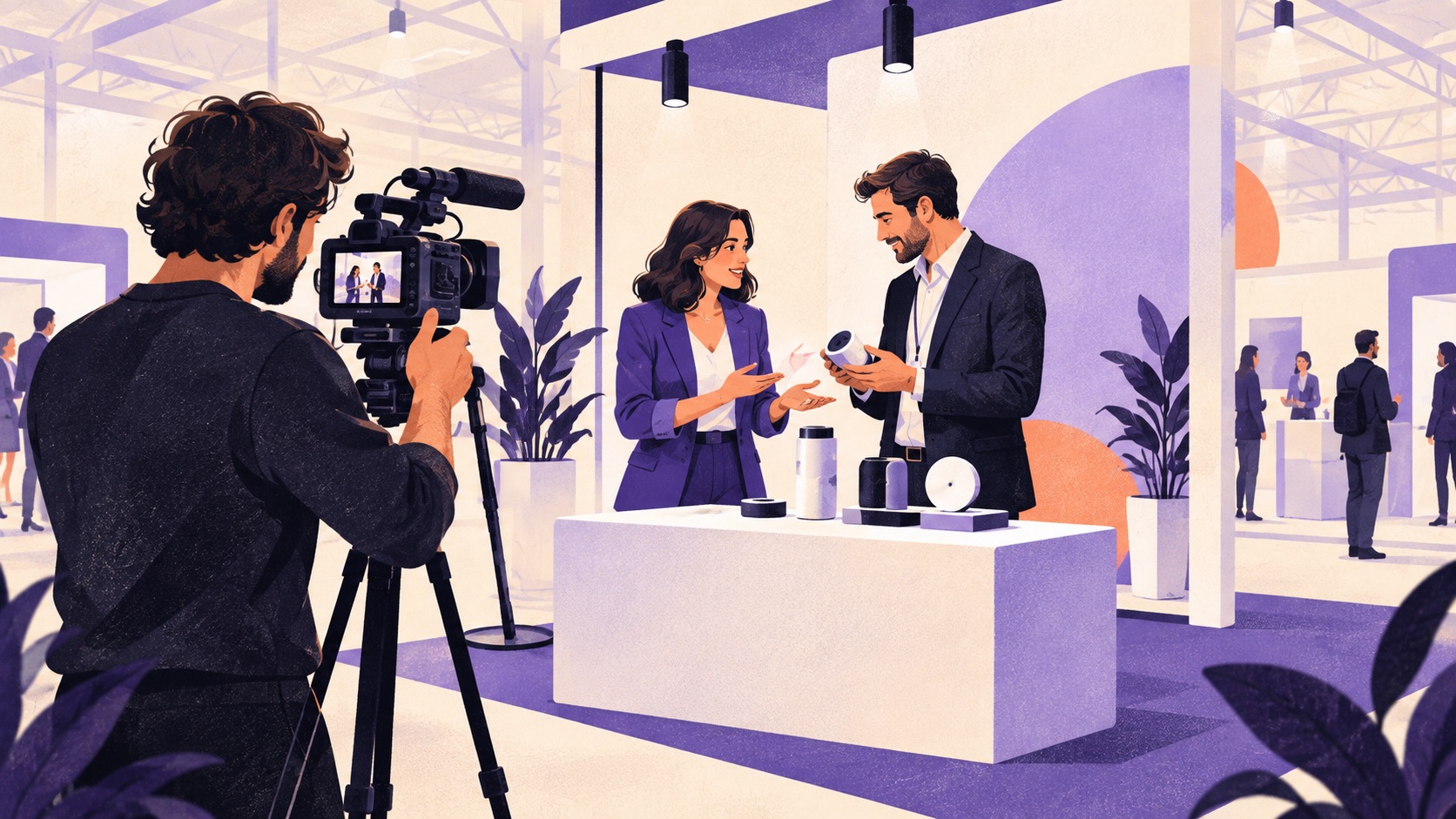 Illustration éditoriale d’un tournage de démonstration sur un stand de salon professionnel