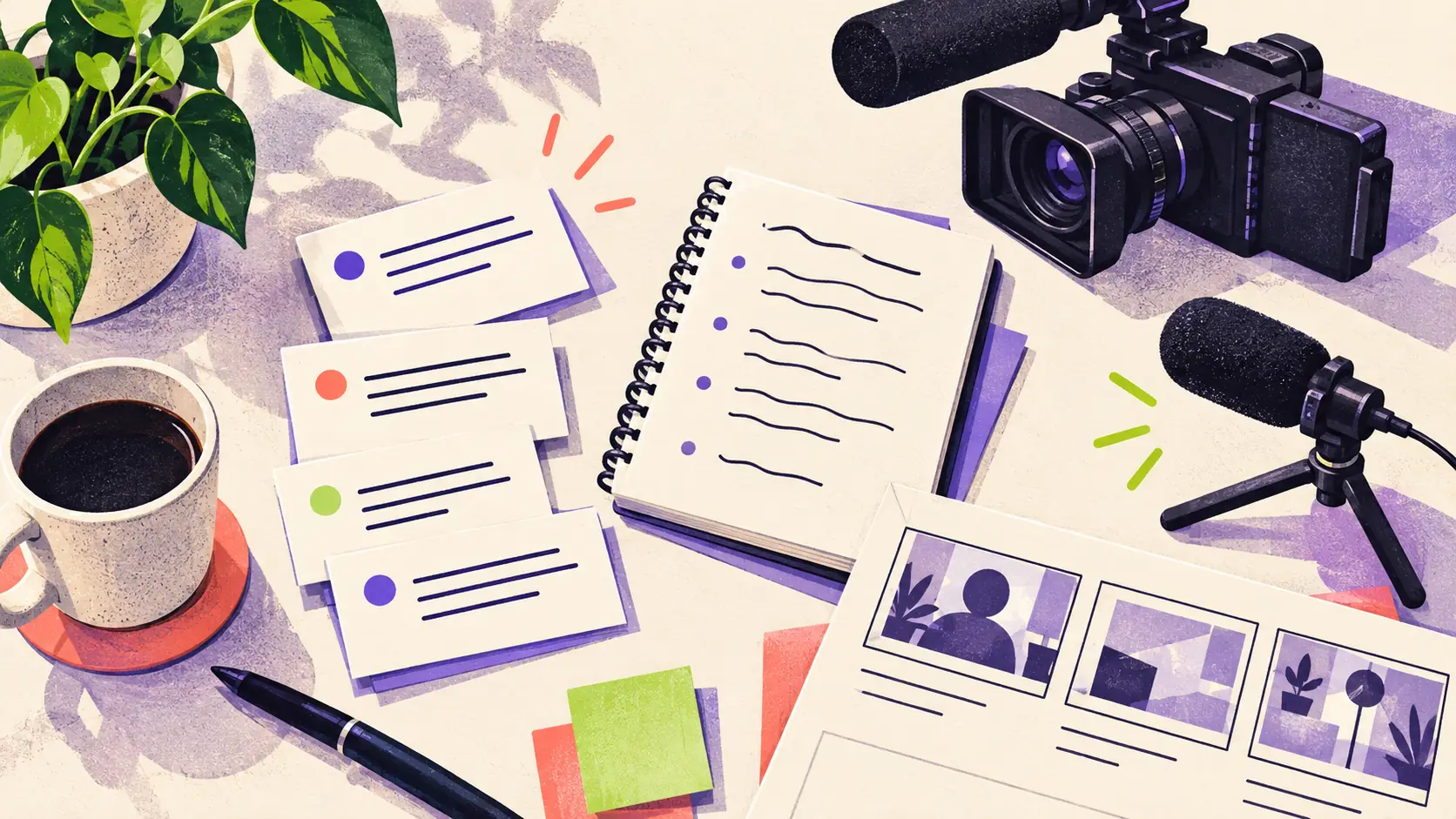 Illustration éditoriale de fiches de questions, d’une caméra et d’un microphone sur un bureau
