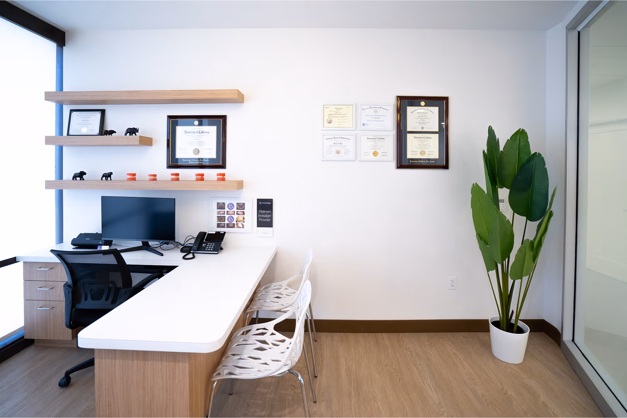 A desk with a computer and a potted plant.