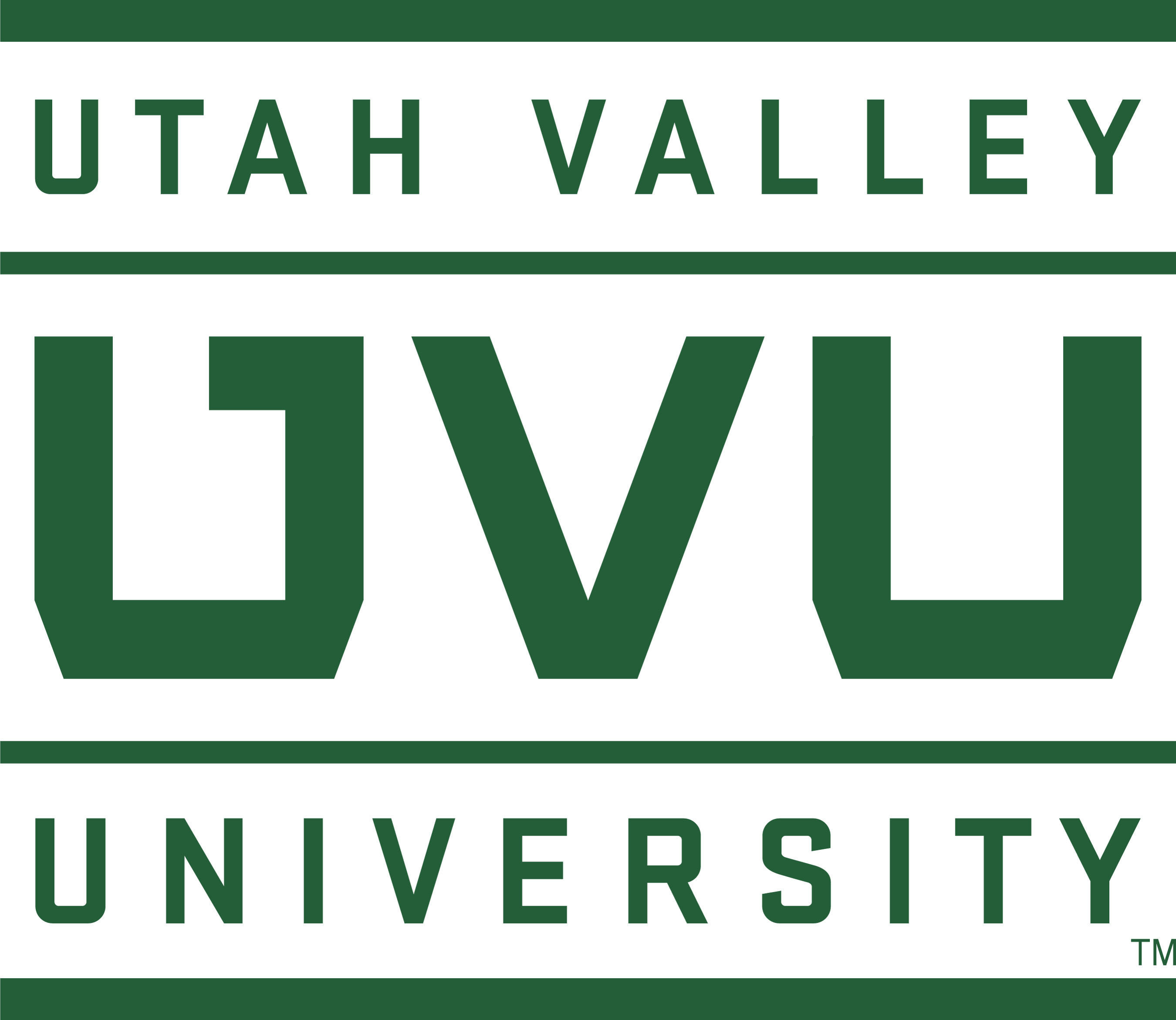 Utah Valley University logo with 'Utah Valley' above and 'University' below the large abbreviation UVU in green text.