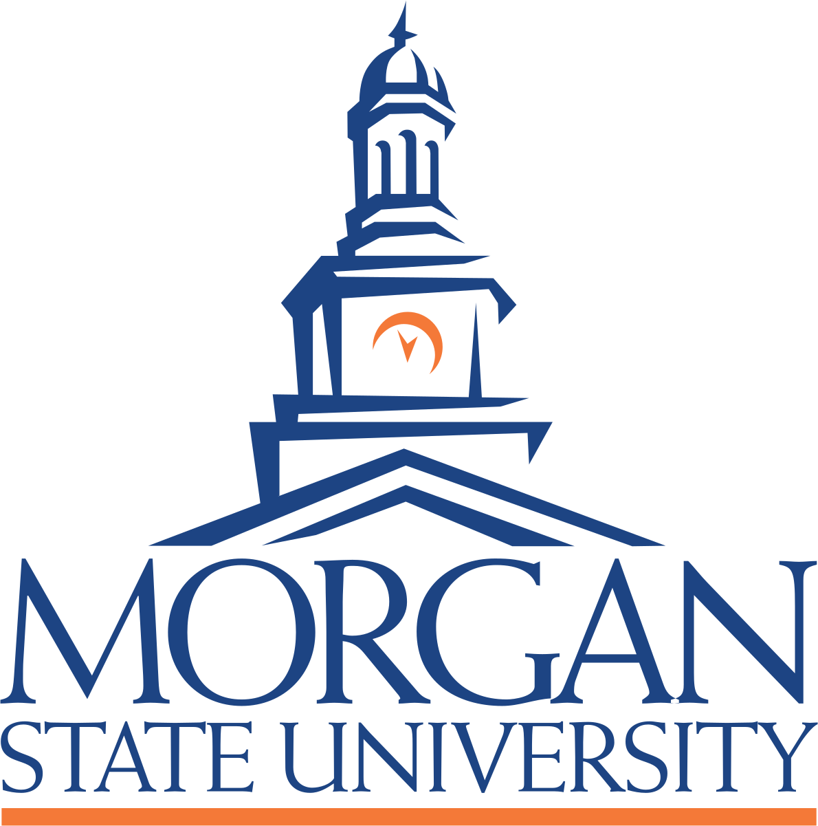 Morgan State University logo featuring a stylized blue building with a clock tower and an orange arc, with the text 'Morgan State University' below.