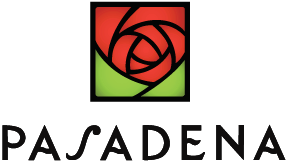 Pasadena city logo featuring a stylized red rose with green leaves above the word 'PASADENA'.