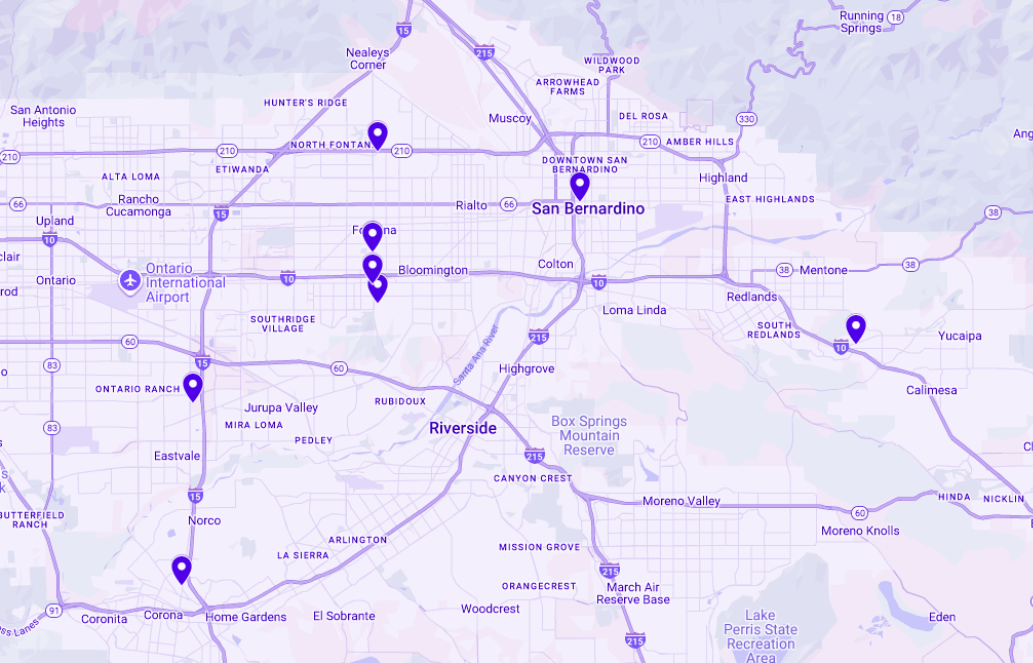 A map of San Bernardino County with pins marking over ten car wash locations available to the City of Fontana fleet through Rynse’s Sourcewell contract, showing expanded coverage and reduced travel time for drivers.