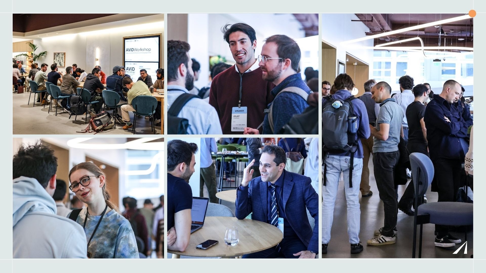 Composite of five photos from the AViD Workshop showing attendees networking and in conversation: a long table of participants in front of an AViD screen, two attendees talking with one wearing a speaker badge, a small group standing in conversation in a sunlit room, a woman in glasses mid-conversation, and a speaker in a navy suit talking with another attendee at a café table.