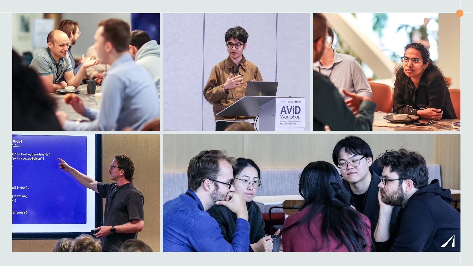 Composite of five photos from the AViD Workshop: two attendees in conversation over coffee, a speaker presenting at the AViD podium, an attendee listening intently during a discussion, a presenter pointing at code on a projected slide showing references to private benchmarks and private weights, and a group of five attendees in close conversation around a table.